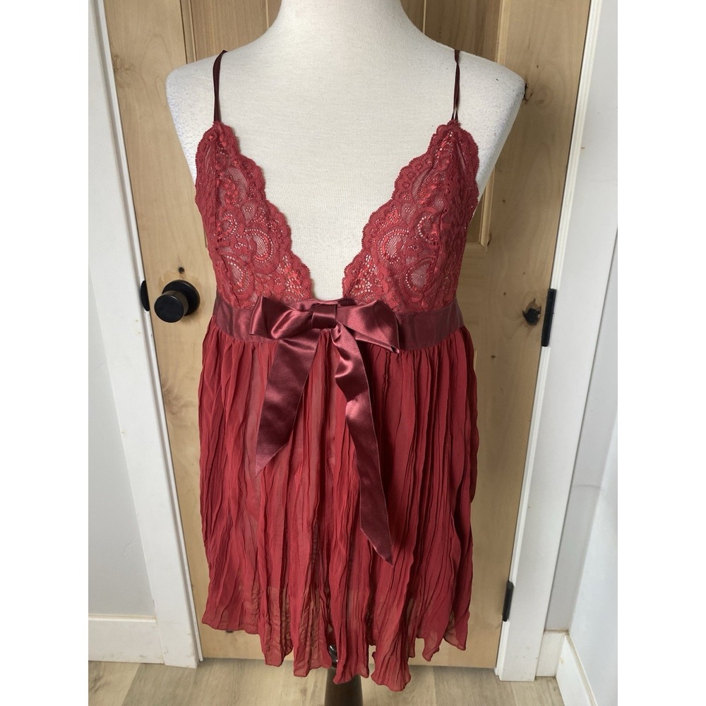 L Vtg VICTORIA'S SECRET Pleated CHIFFON BABYDOLL Satin Bow Nightgown Nightie Y2K